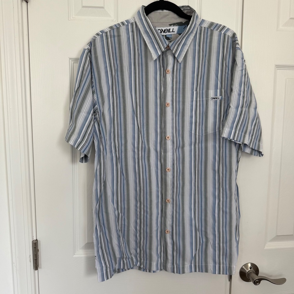 O'Neill Blue Striped Short Sleeve Button Up Shirt Rayon Blend Mens Large EUC